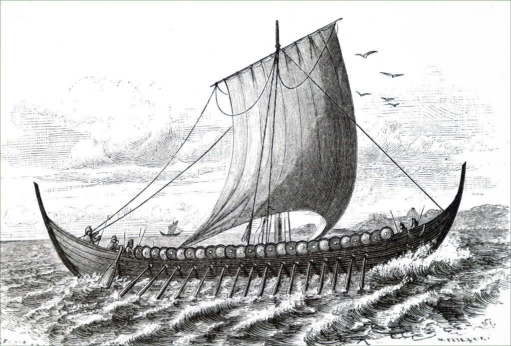 Una embarcación vikinga, con una gran vela y varios remos.
