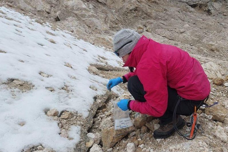 La investigadora Marie Šabacká, vestida con una chaqueta rosa brillante y pantalones negros, toma muestras de nieve y las coloca en una bolsa de plástico transparente etiquetada.