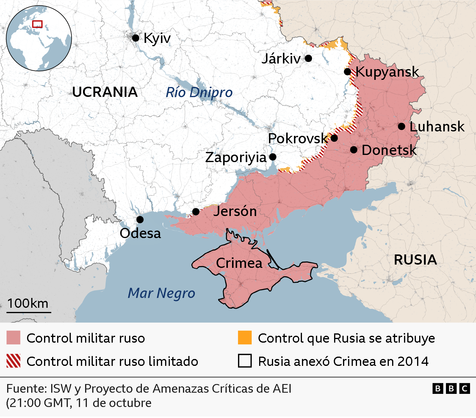 Un mapa de la BBC muestra las zonas de Ucrania bajo control militar ruso. Un mapa de localización de la BBC muestra Ucrania en el globo terráqueo