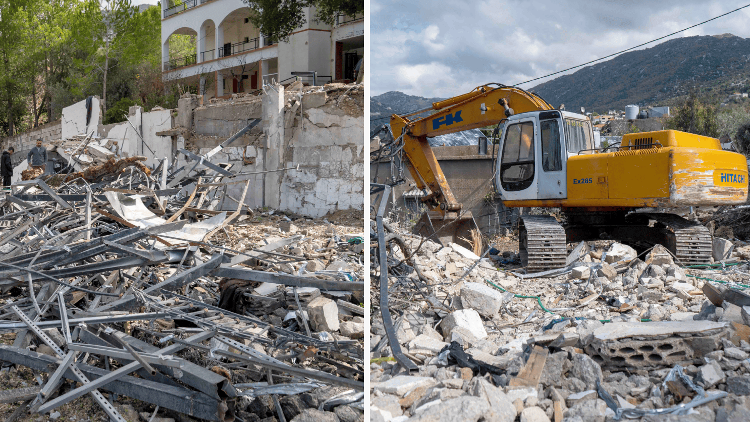 Imagen compuesta. La imagen de la izquierda muestra escombros cubriendo el suelo exterior de un edificio demolido con árboles al fondo tras un ataque israelí a la ciudad libanesa de Almat. La imagen de la derecha muestra una excavadora amarilla removiendo una gran cantidad de escombros con una cadena montañosa al fondo. 