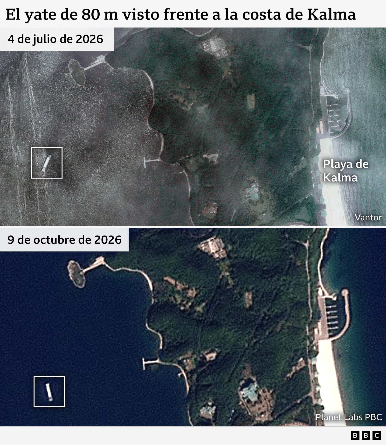 Dos imágenes satelitales, fechadas el 4 de julio de 2026 y el 9 de octubre de 2026, muestran una embarcación de 80 metros de eslora frente a la península de Kalma.