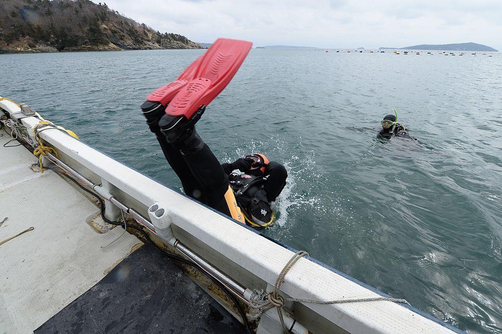 Un buceador con traje de neopreno negro y aletas de color rojo brillante entra al agua desde el costado de una pequeña embarcación, manteniendo las piernas elevadas sobre la superficie durante el descenso. El paisaje de fondo es una bahía costera de color gris azulado, bordeada por una costa boscosa e islas distantes, con un segundo buceador flotando cerca.