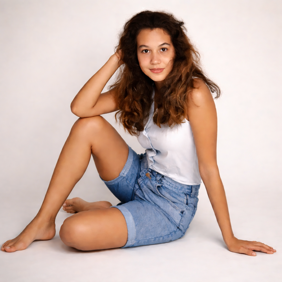 Paty posa sentada en el suelo. Lleva unos pantalones cortes de blue jean y una camisa blanca. El cabello lo tiene suelto
